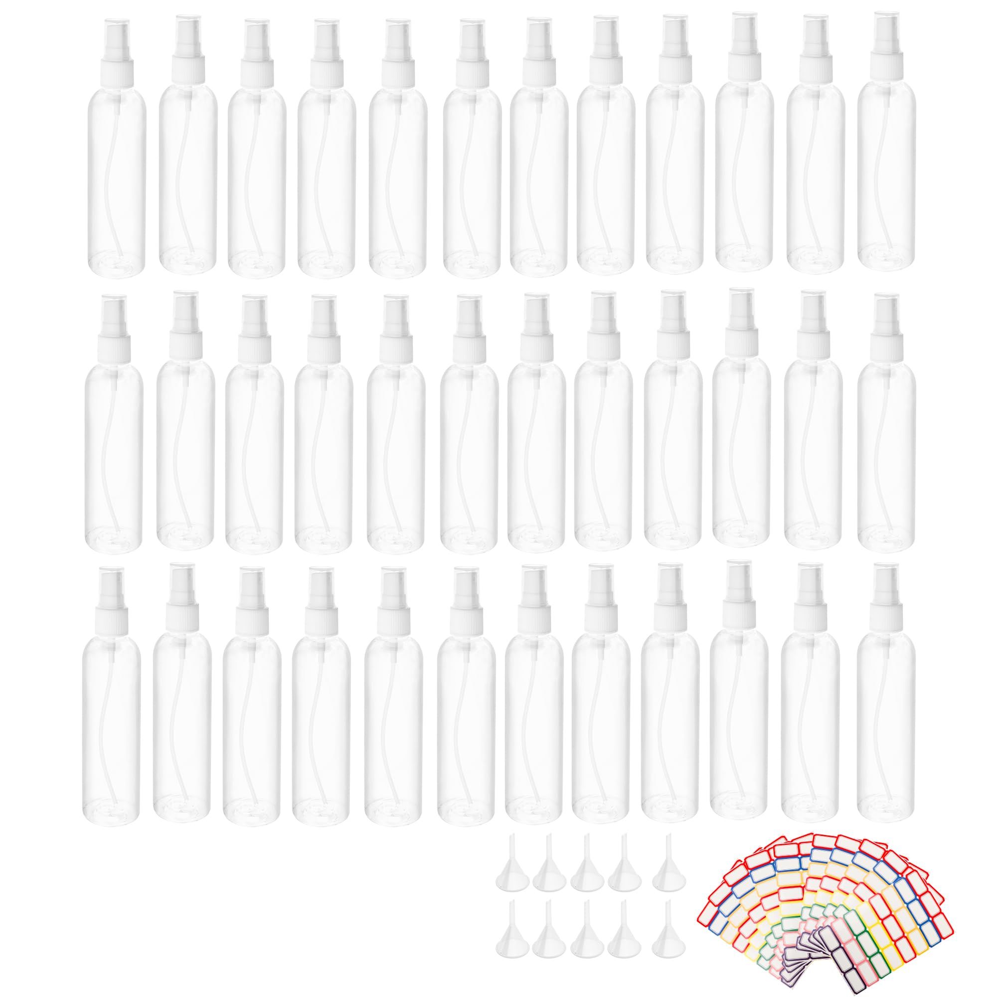 36 Pack 4oz Spray Bottles Plastic, Fine Mist Clear Spray Bottles Bulk, Empty Plastic Spray Bottles Reusable for Cosmetic with 10 Funnel, 10 Labels