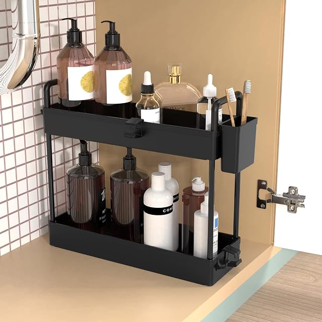 Ronlap Under Sink Storage, 2 Tier Kitchen Organizer, Kitchen Storage Shelf, Multifunctional Bathroom Organizer with Hanging Cups, Hooks, Black