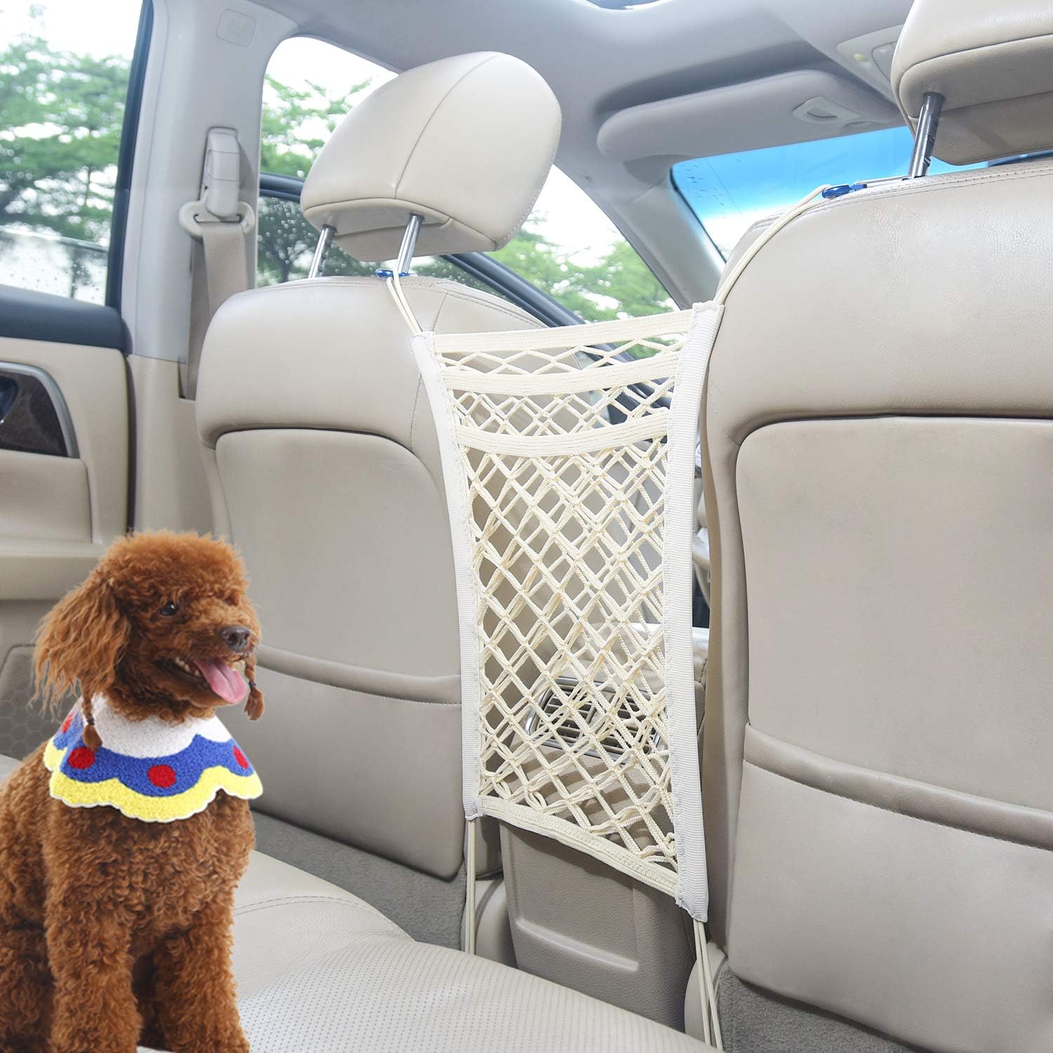IN HAND Dog Car Barrier, Easy Install Mesh Obstacle for Car Between Seats Stretchable 3 Layer Back Seat Net Storage Bag, Pet Net Barrier…