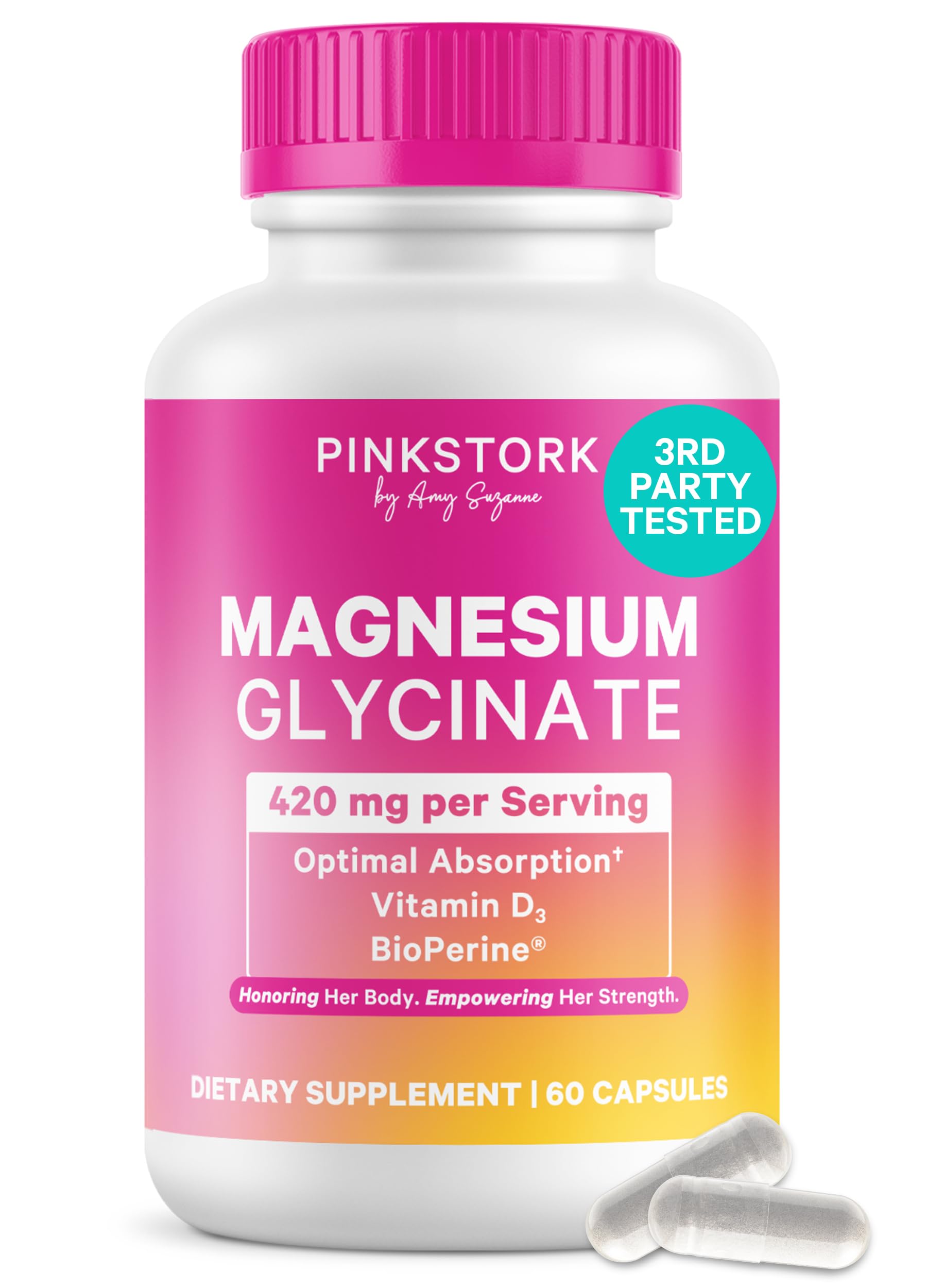 Pink Stork Magnesium Glycinate mit Vitamin D - Magnesium-Ergänzung für Frauen Natürliche Ruhe, Stimmung und Schlaf - Hormon Balance für Frauen - 60 Kapseln, 1 Monat Versorgung