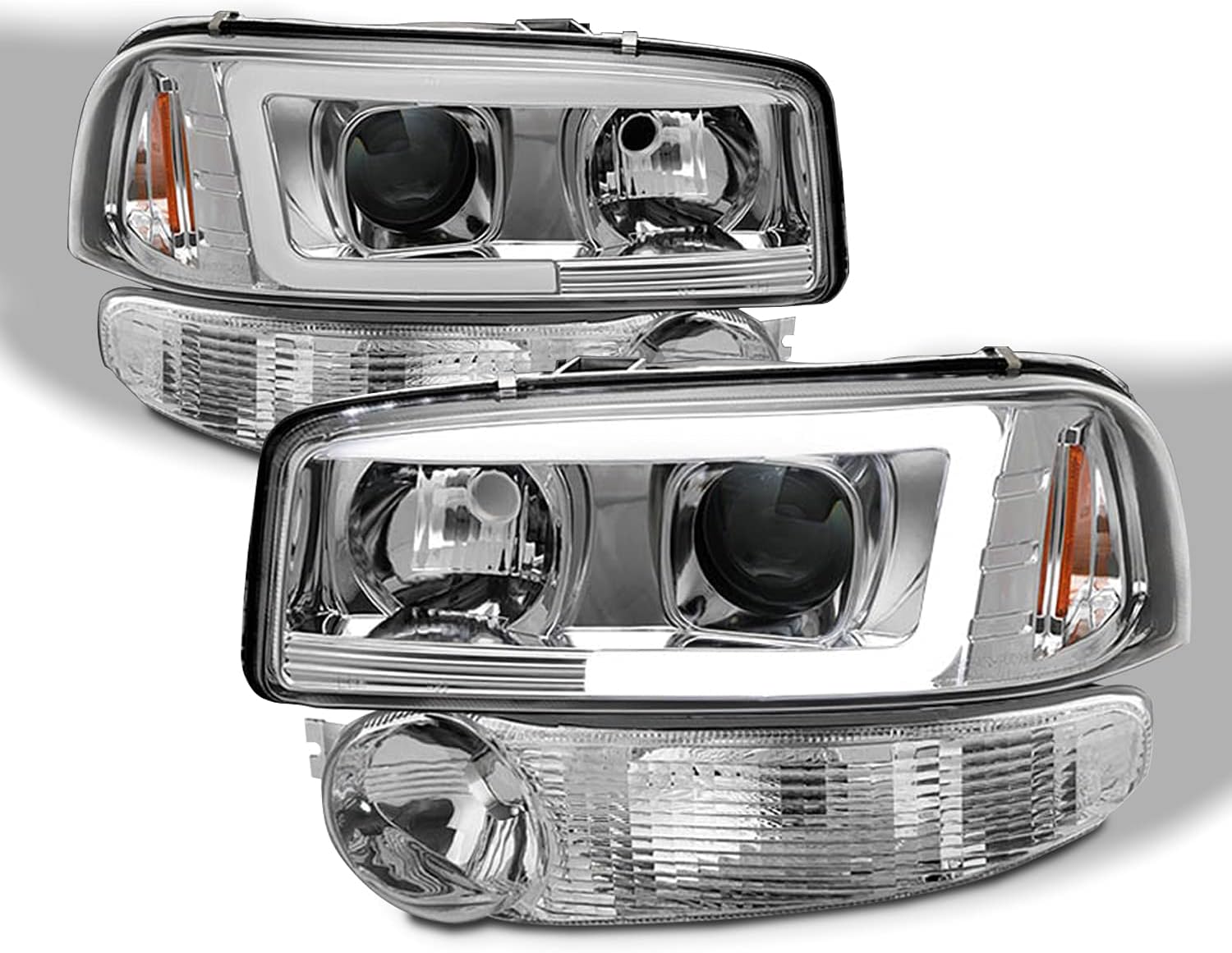 AKKON - For 1999-2006 GMC Sierra Yukon XL Denali LED Tube DRL Projector Headlights + Bumper Lights [Chrome Housing]
