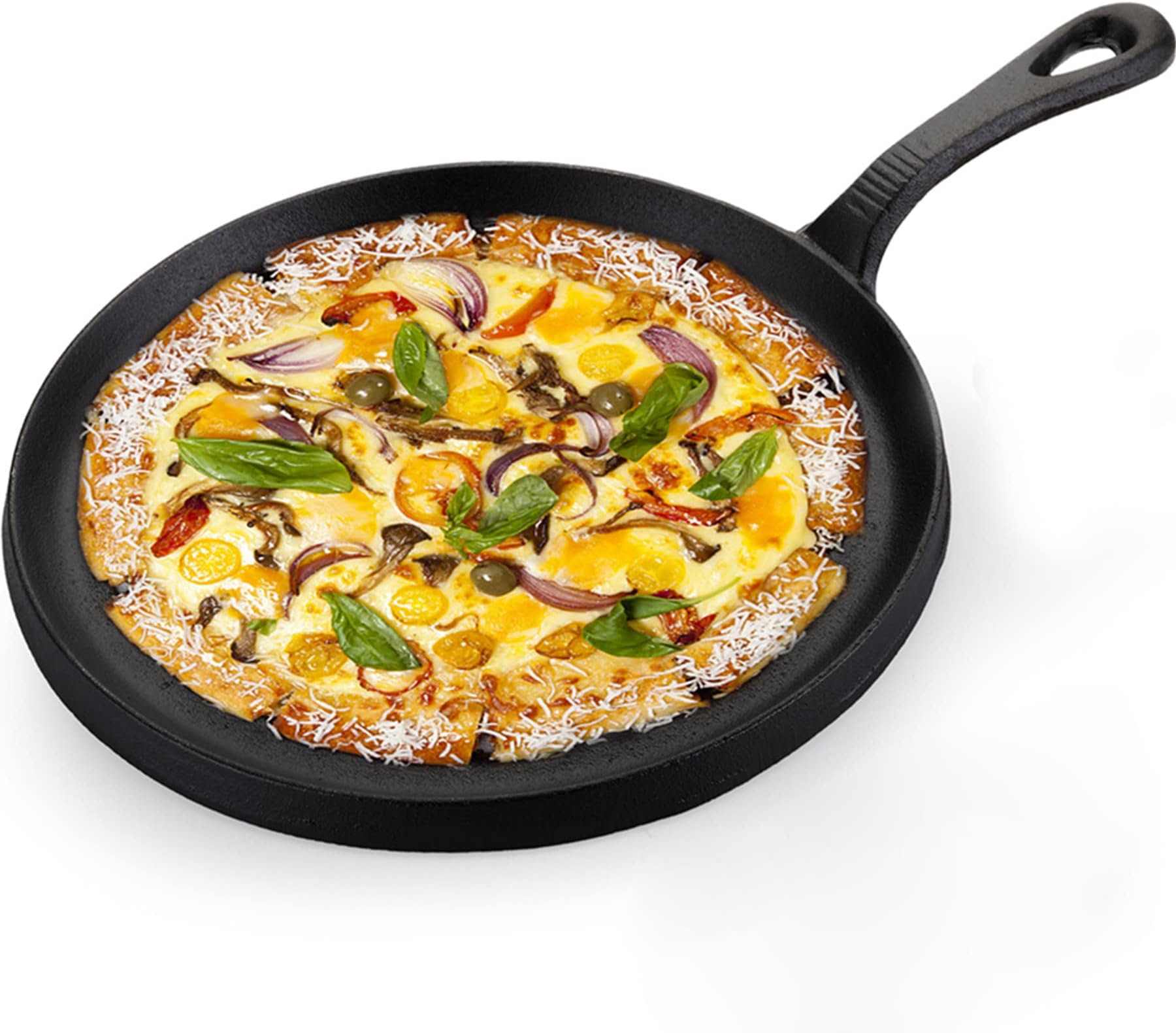 Yopay Round Cast Iron Griddle, 9.8 Inch Pre-Seasoned Skillet With Easy-Grip Handle, Grill or BBQ Hot Plate Pans, Black