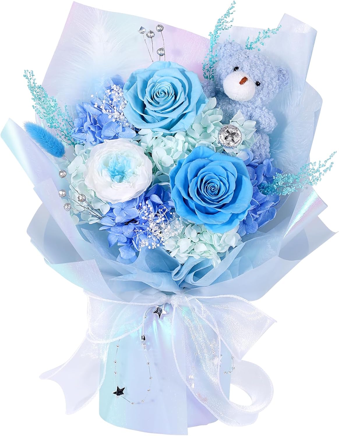 Preserved Flowers Bouquet with Bear, Real Forever Flowers for Delivery, Long-Lasting Blue Eteranl Roses Bouquet, Anniversary Birthday Valentine Gifts for Women Men Mom Grandma Her Wife Girlfriend