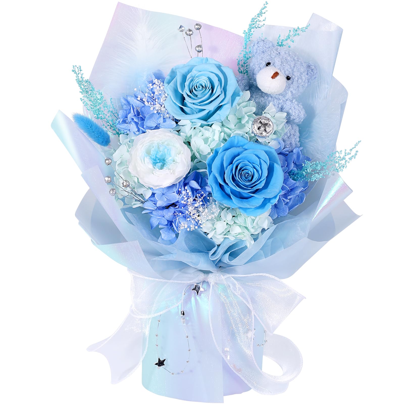 SOLUNOX Preserved Flowers Bouquet with Bear Blue