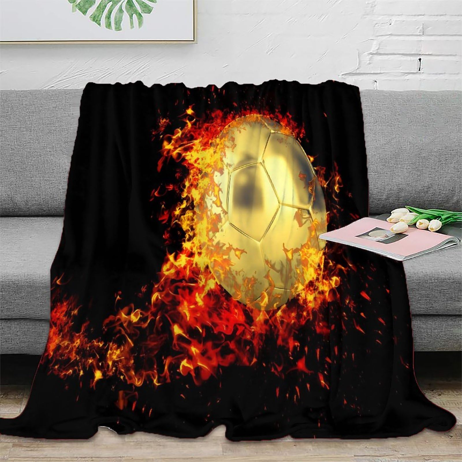 Plaid foot feu 3D couverture microfibre douce pour soirées match sur le canapé