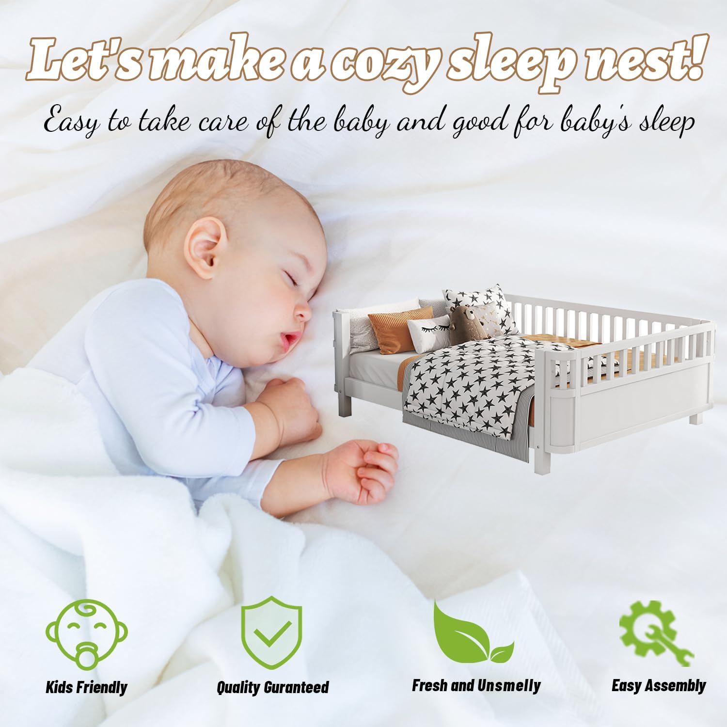 Image showing a baby sleeping in the OYUMOENTS bed, highlighting kids friendly, quality guaranteed, fresh and unsmelly, and easy assembly features.