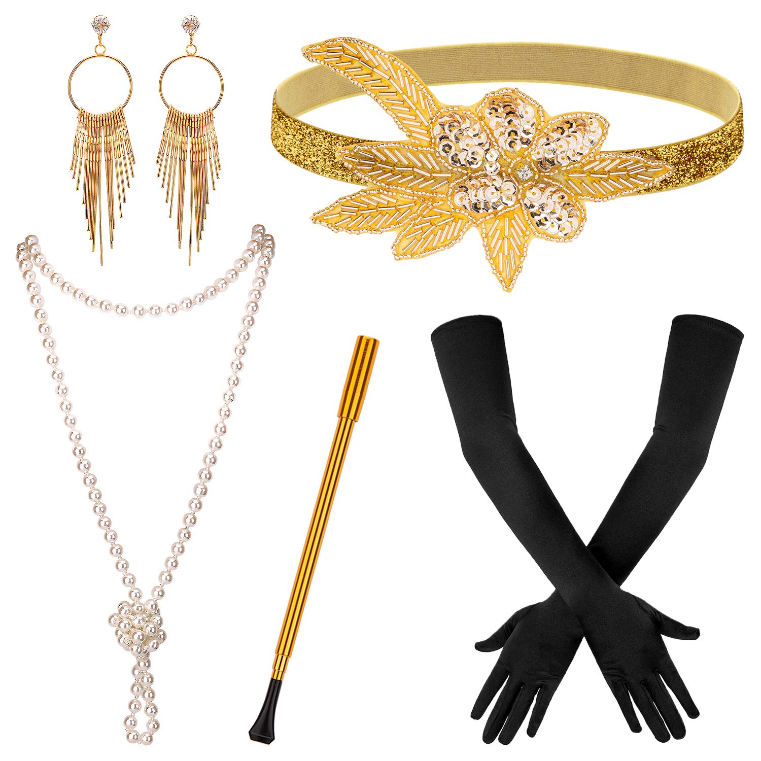 KEWUZY 6 Pièces Accessoire Année 20 Femme Gatsby Costume Set Charleston Femme 1920 pour la Mascarade Halloween NoëL Carnaval