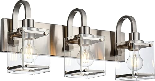 Lámparas de tocador de baño de 3 luces, modernas luces de tocador con pantalla de vidrio transparente, lámpara de pared de níquel cepillado para