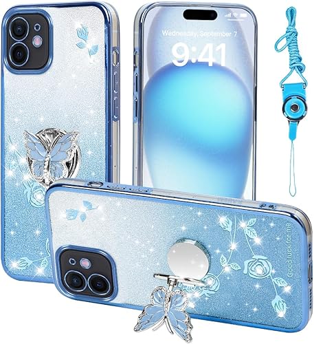 Miniatura 12 de Funda protectora para Apple iPhone 14 (6.1 pulgadas), para mujeres y niñas, funda protectora de TPU con diseño floral de mariposa con purpurina y