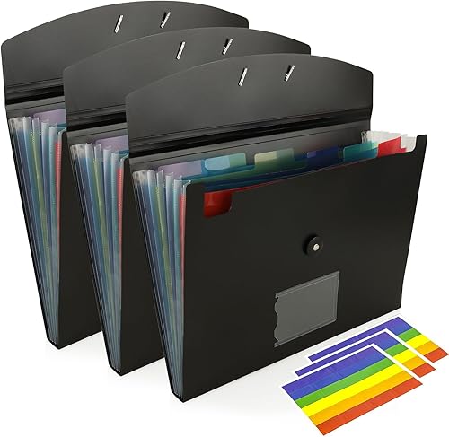 MUXHEL Organizador de archivos de acordeón de 7 bolsillos, juego de 3, carpeta de archivos expandible de tamaño carta A4 negra con etiquetas,
