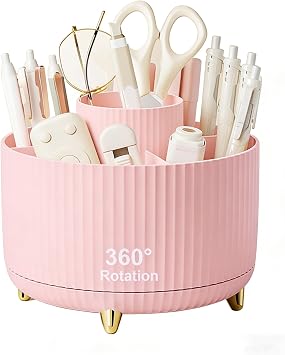 Pencil Pen Holder 5 Slots 360Degree Rotating Pen Organizers for Desk Desktop Storage Stationery Supplies Cute Pencil Cup Pot Kids Desk Organizer for Office Home SchoolPink 2