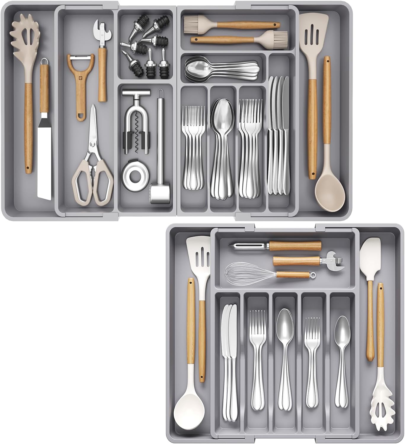 Lifewit Silverware and Cooking Utensil Drawer Organizer Set – Expandable Adjustable Plastic Storage for Cutlery, Flatware, Spoons, Forks, Knives, and Kitchen Tools, BPA-Free, Gray