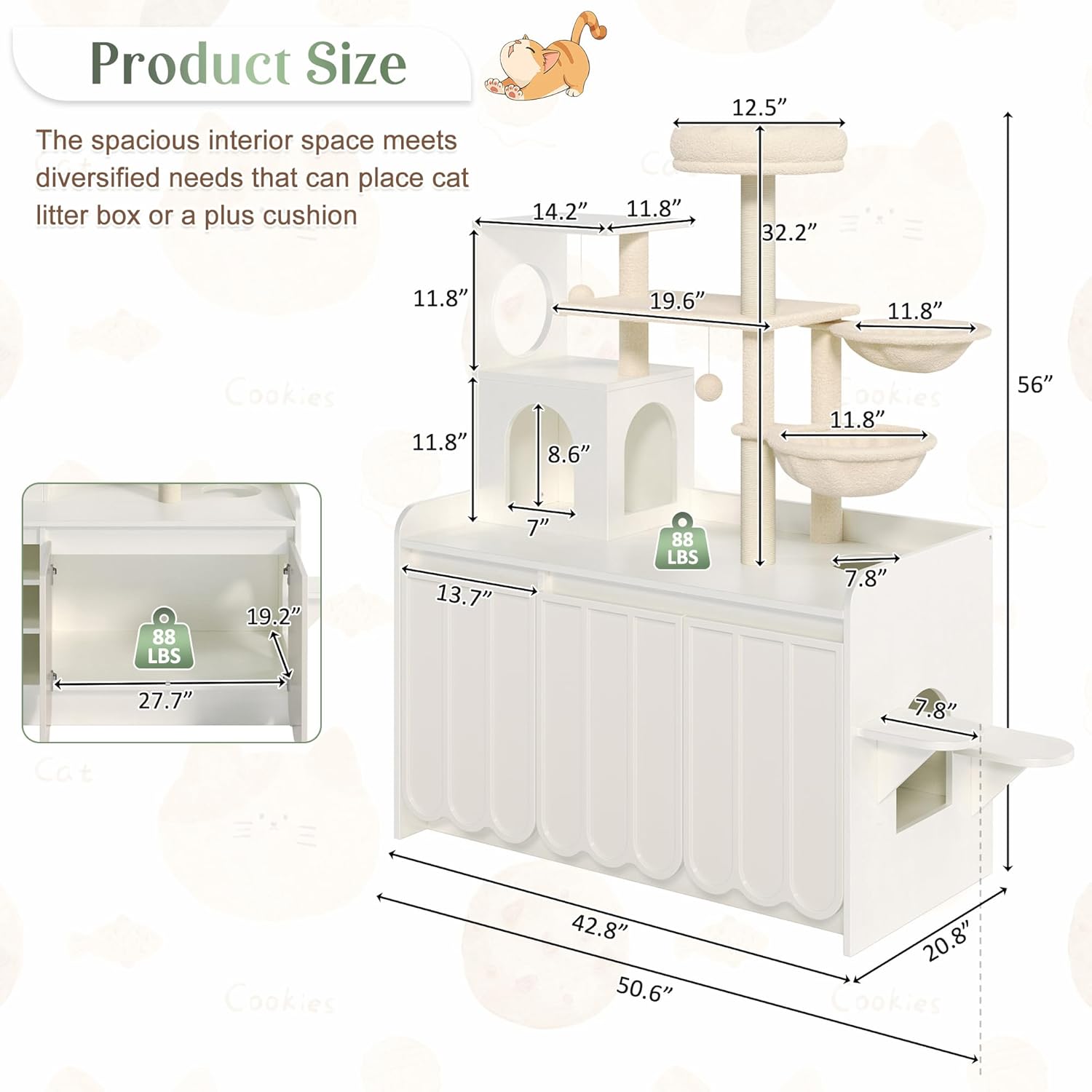50.6" Cat Tree with Litter Box Enclosure, Cat Tree Tower with Sisal Scratching Post and Storage Space, Hidden Litter Box Furniture, All-in-One Modern Cat Condo with House, Hammock & Perch, White