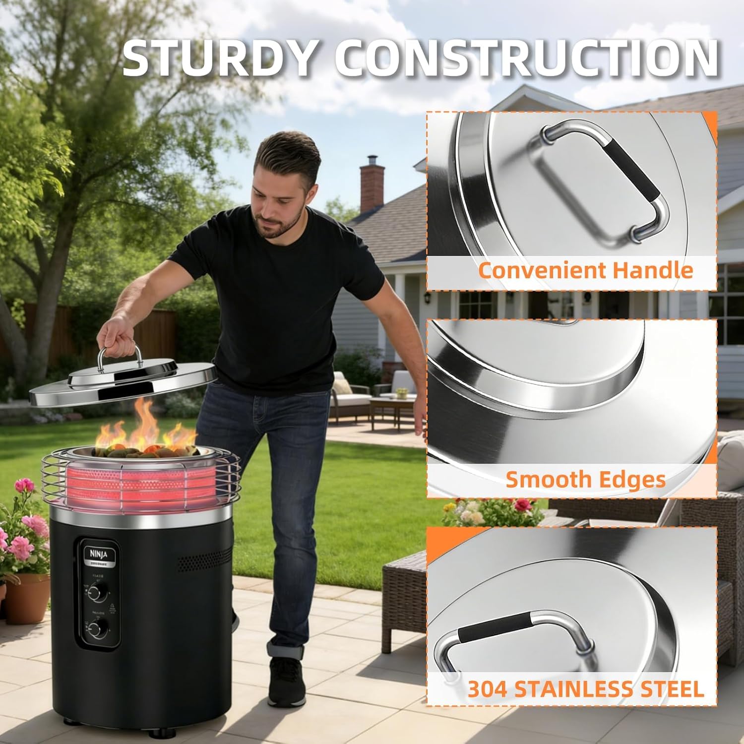 22.2" Fire Pit Lid for Ninja Fireside 360 Outdoor Heater, 304 Stainless Steel Round Fire Pit Cover with Handle, Heavy Duty All-Weather Fire Pit Accessory