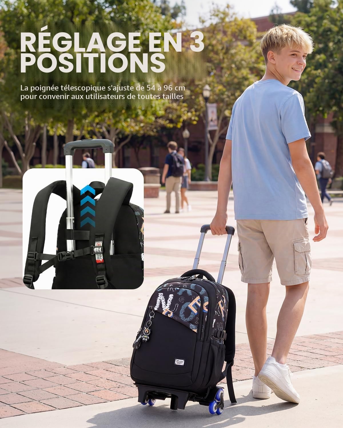 Sac à Dos à Roulettes pour Garçons, 26L Cartable Roulette Garcon Détachable pour Adolescents, Sac Scolaire Collège et Lycée Imperméable avec 6 Roues pour les Voyages