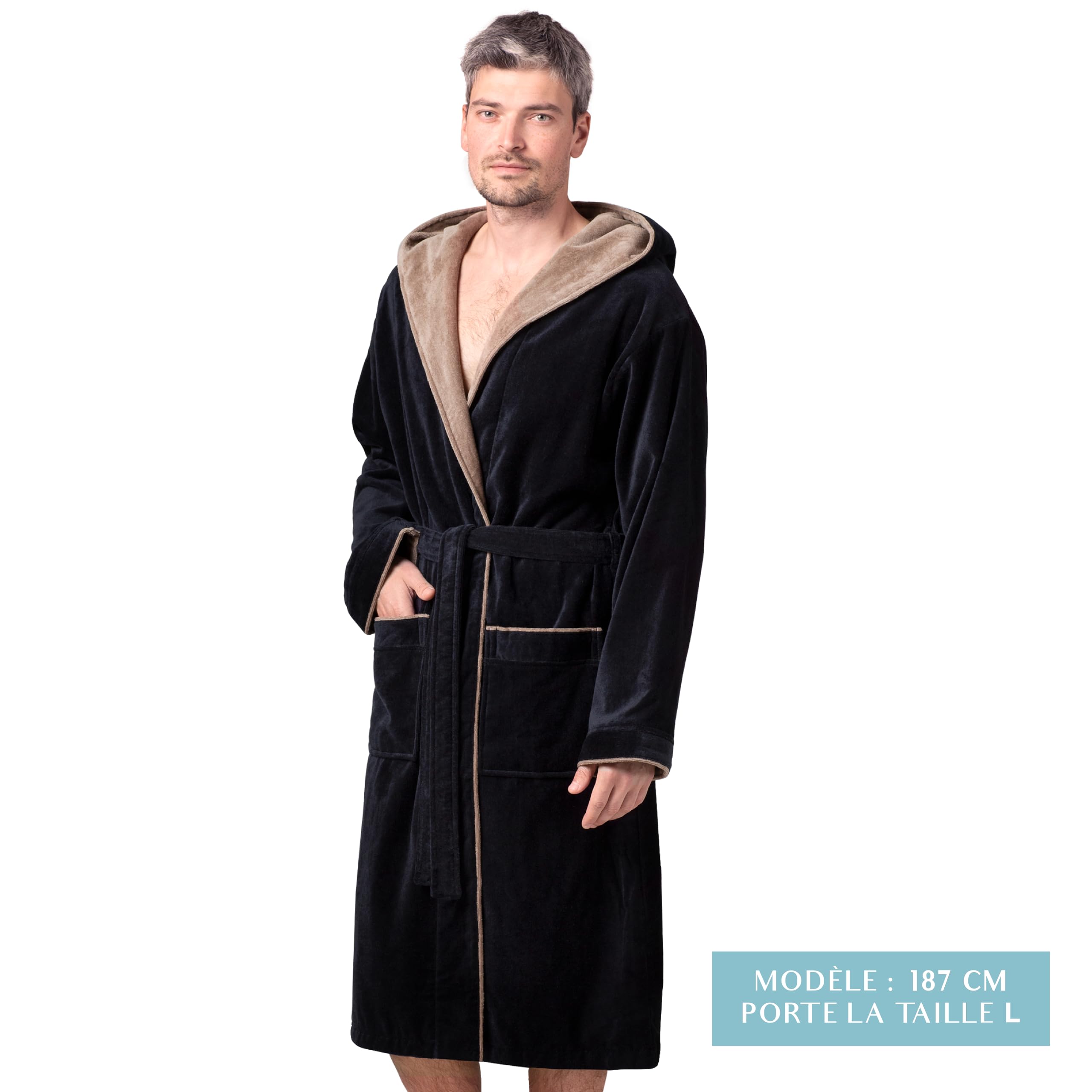 Twinzen Peignoir Homme Eponge avec Capuche - 100% Coton Velours Premium OekoTex - Robe de Chambre Homme Peignoir de Bain Homme Eponge Ultra Doux
