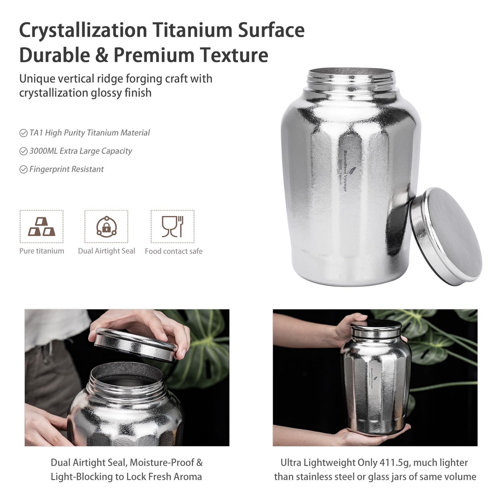 iBasingo Reiner Titan Vorratsbehälter 3L Großvolumen Teedose Ti3212A | mit Schraubdeckel, Leichter Luftdichter Behälter für Loser Tee, Kaffeebohnen, Trockenlebensmittel für Küche & Camping