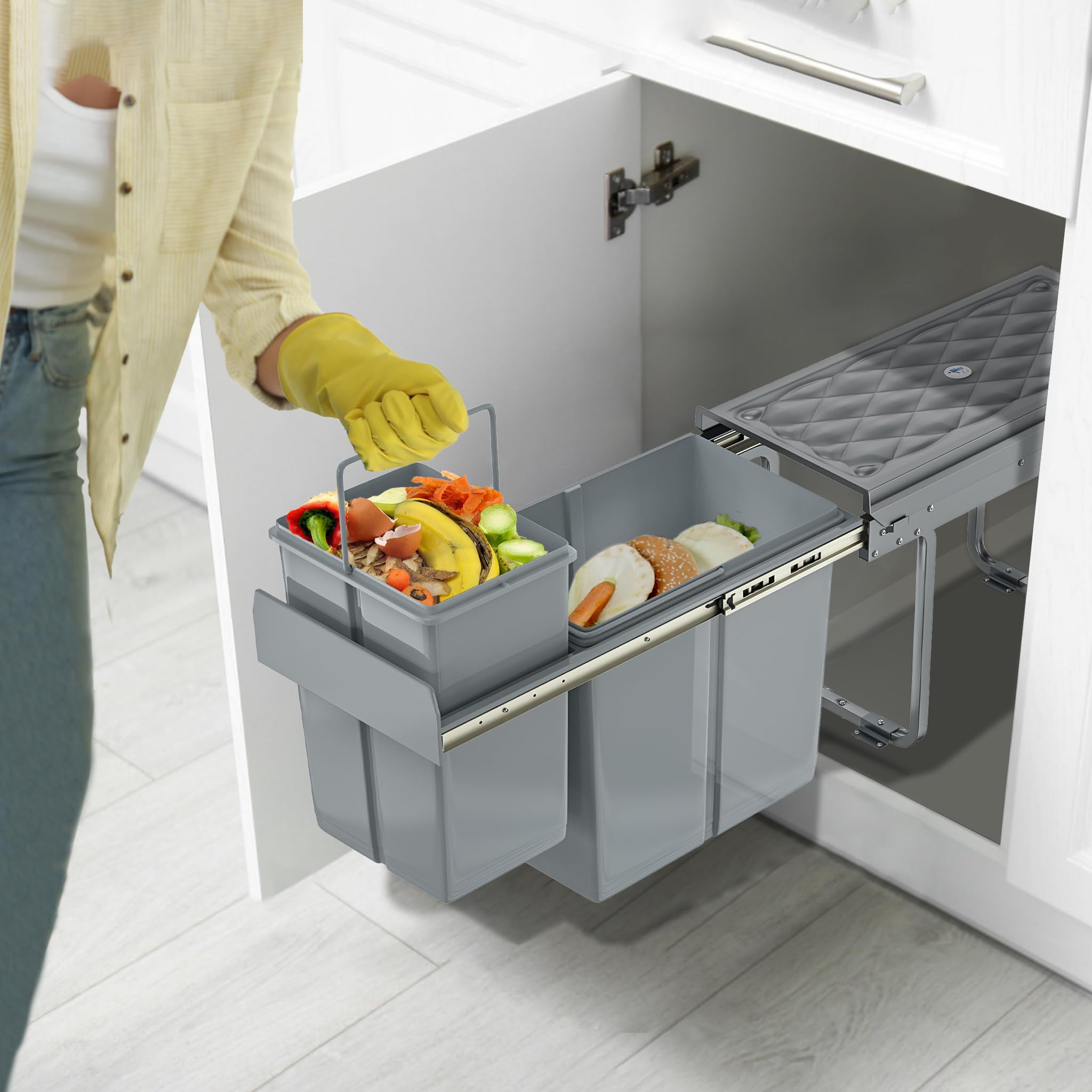 Froadp - Pattumiera da incasso per cucina, estraibile, con raccoglitore di rifiuti, 2 scomparti, sistema di separazione dei rifiuti, estrazione completa con guide telescopiche, 48 x 26 x 41,8 cm