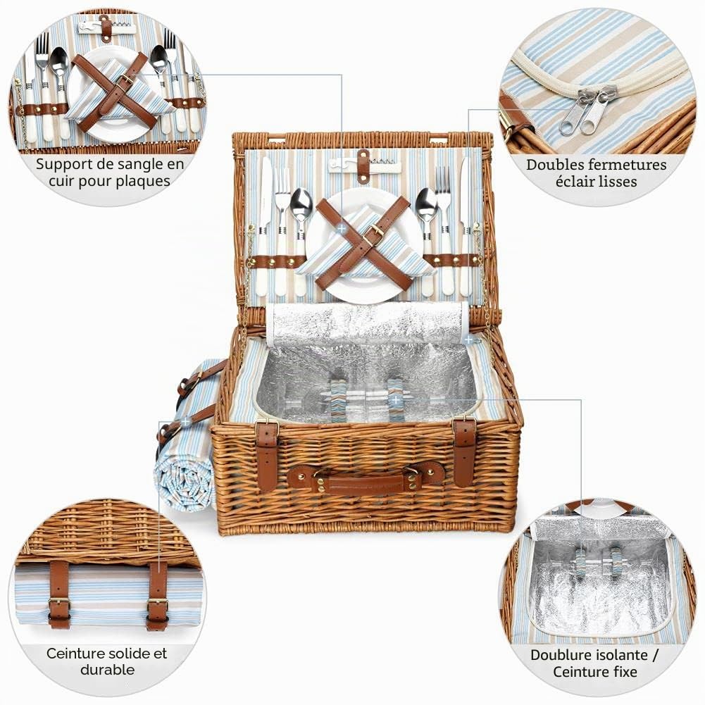 Ensemble panier de pique-nique pour 2 personnes, panier en saule avec grand compartiment isotherme, couverture imperméable et set de service couverts - Marron classique