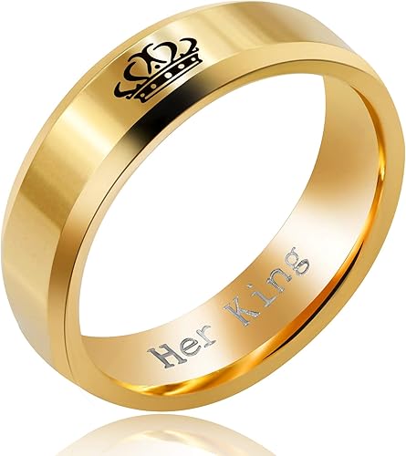 Miniatura 3 de Juego de 2 anillos para parejas "His Queen and Her King", acero de titanio a juego, anillos de promesabodacompromiso para parejas (negro, dorado)
