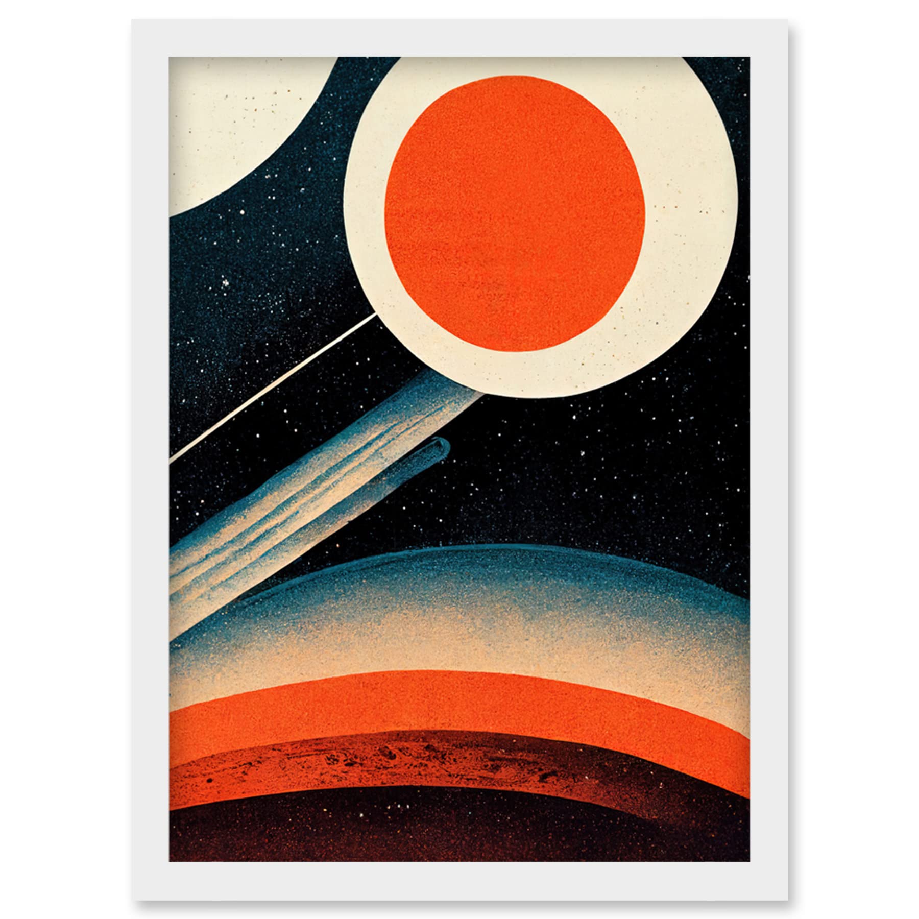 Wee Blue Coo Retro Boho Space Starscape Abstract Mid Century Style Navy Teal Orange Cream Artwork Framed Wall Art Print A4