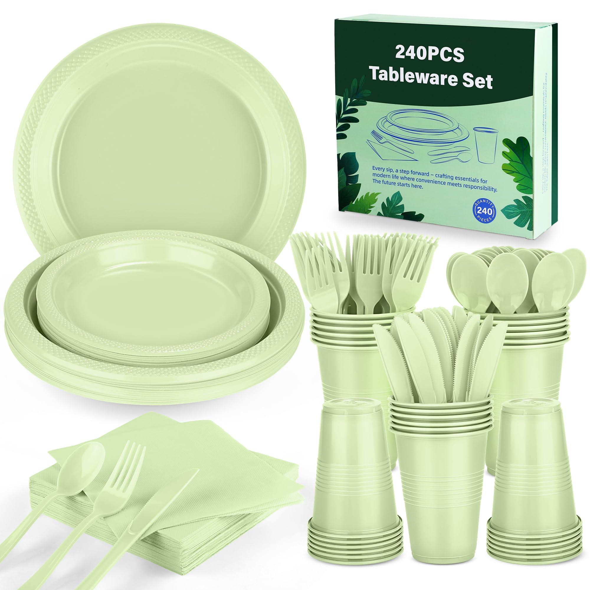 240 Piece Sage Green Disposable Dinnerware Set -4