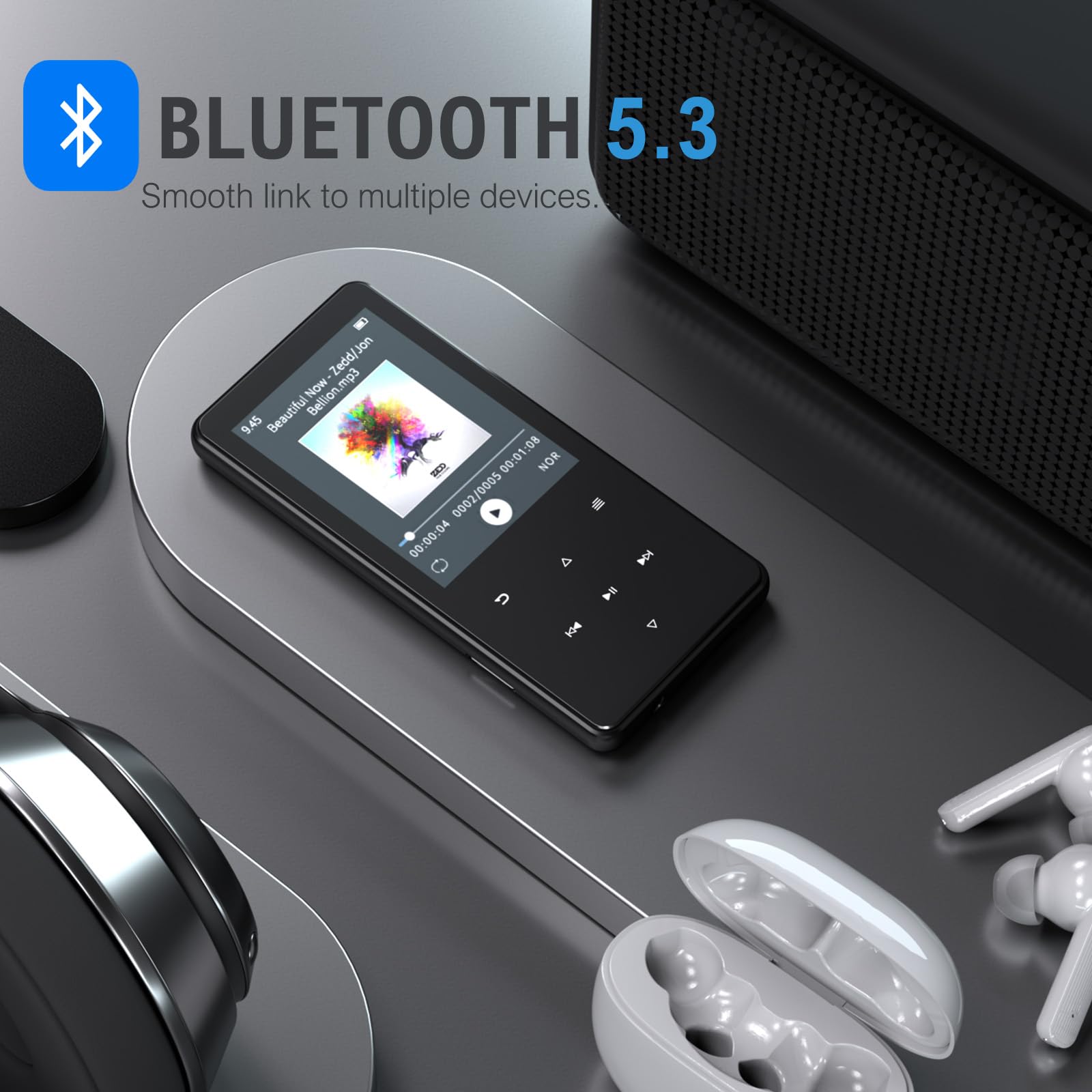 MP3 Player mit Bluetooth 5.3, 64GB und 2,4" Display – Mit Touch-Tasten, Lautsprecher, Metallgehäuse, HiFi-Klang, 18 Schlafgeräuschen, FM-Radio, E-Book-Reader – Unterstützung bis zu 128 GB.