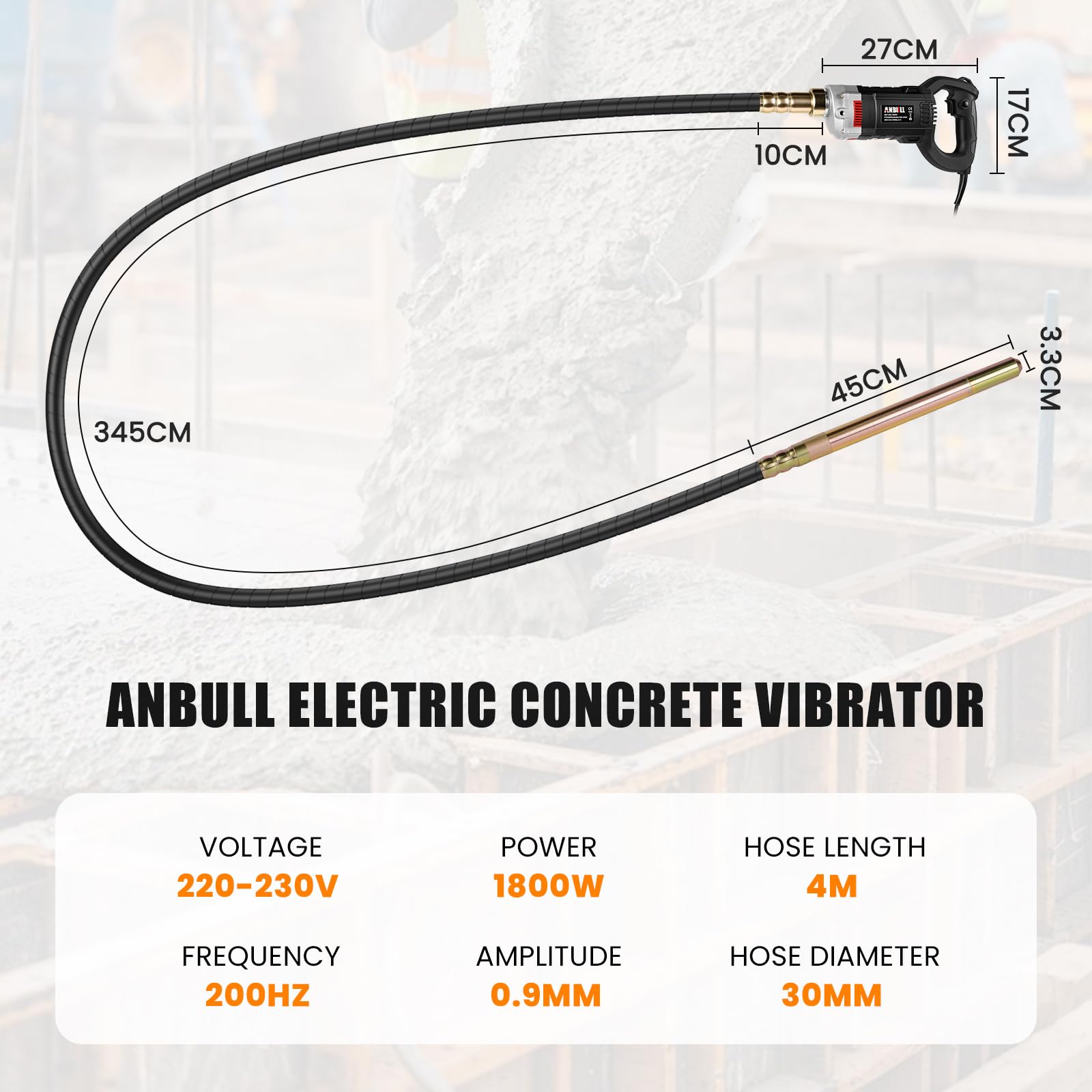 Anbull Vibreur Beton Electrique 4 m, 1800 W Aiguille Vibrante Pour Beton, 5500 tr/min, Amplitude 0,9 mm, Vibreuse Beton, Concrete Vibrator, Noir