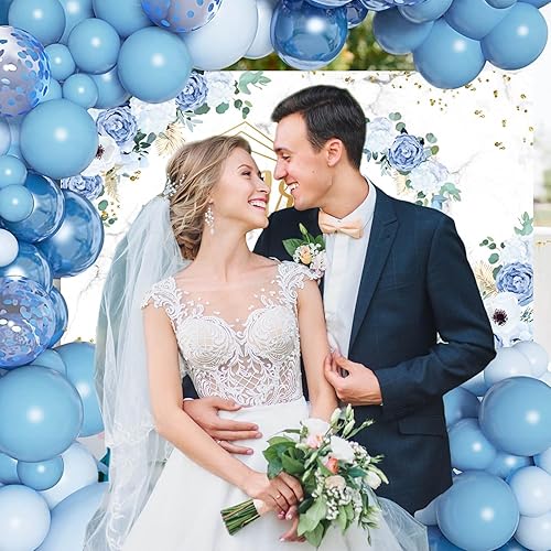 Miniatura 6 de AIBIIN Telón de fondo floral de Mr and Mrs de 7 x 5 pies para despedida de soltera, flores azules y blancas, fondo de fotografía, corazones