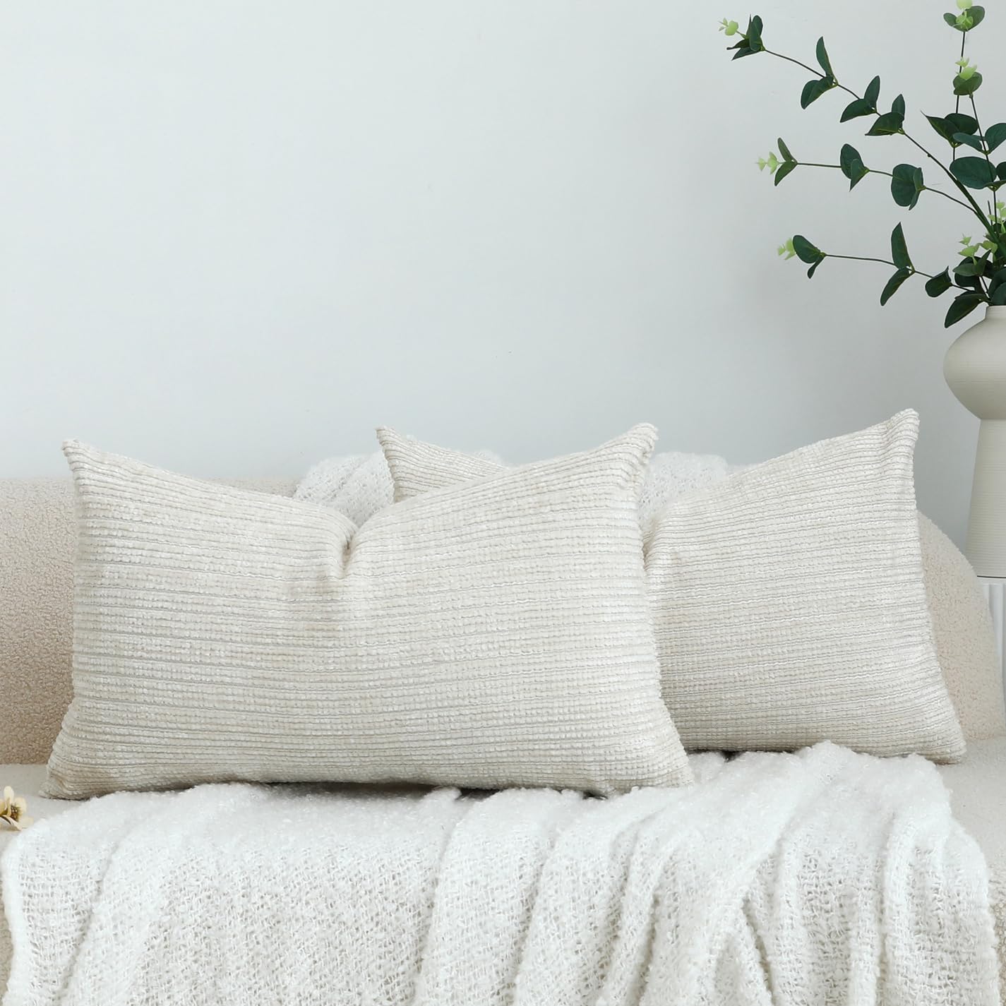 Housse de coussin lombaire chenille blanc crème 30x50 cm Lot de 2 LIGICKY