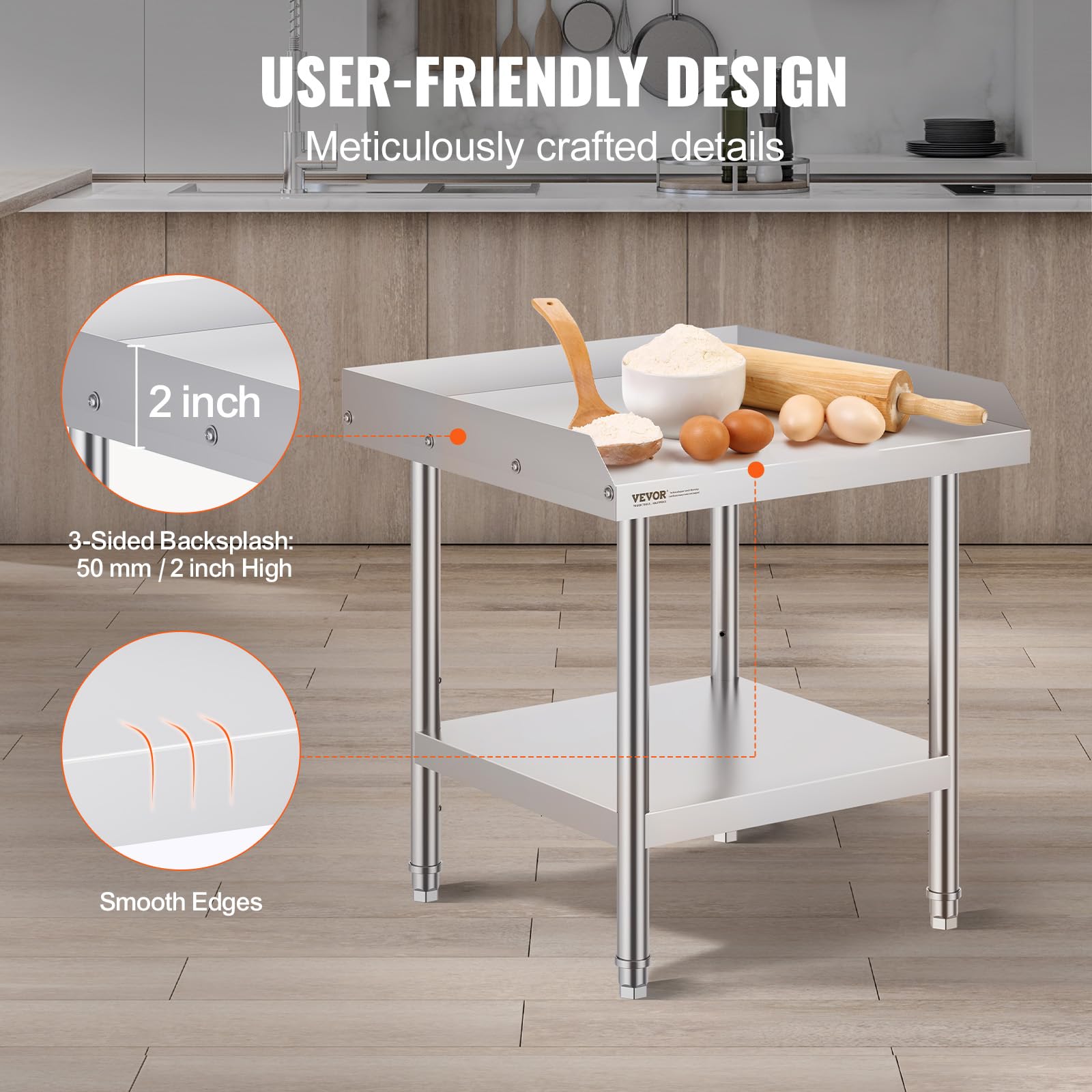 VEVOR Mesa de Trabajo de Acero Inoxidable Mesa de Trabajo Comercial para Preparación de Alimentos Protector contra Salpicaduras de 3 Lados 610 x 610 x 660 mm Altura Ajustable para Restaurantes