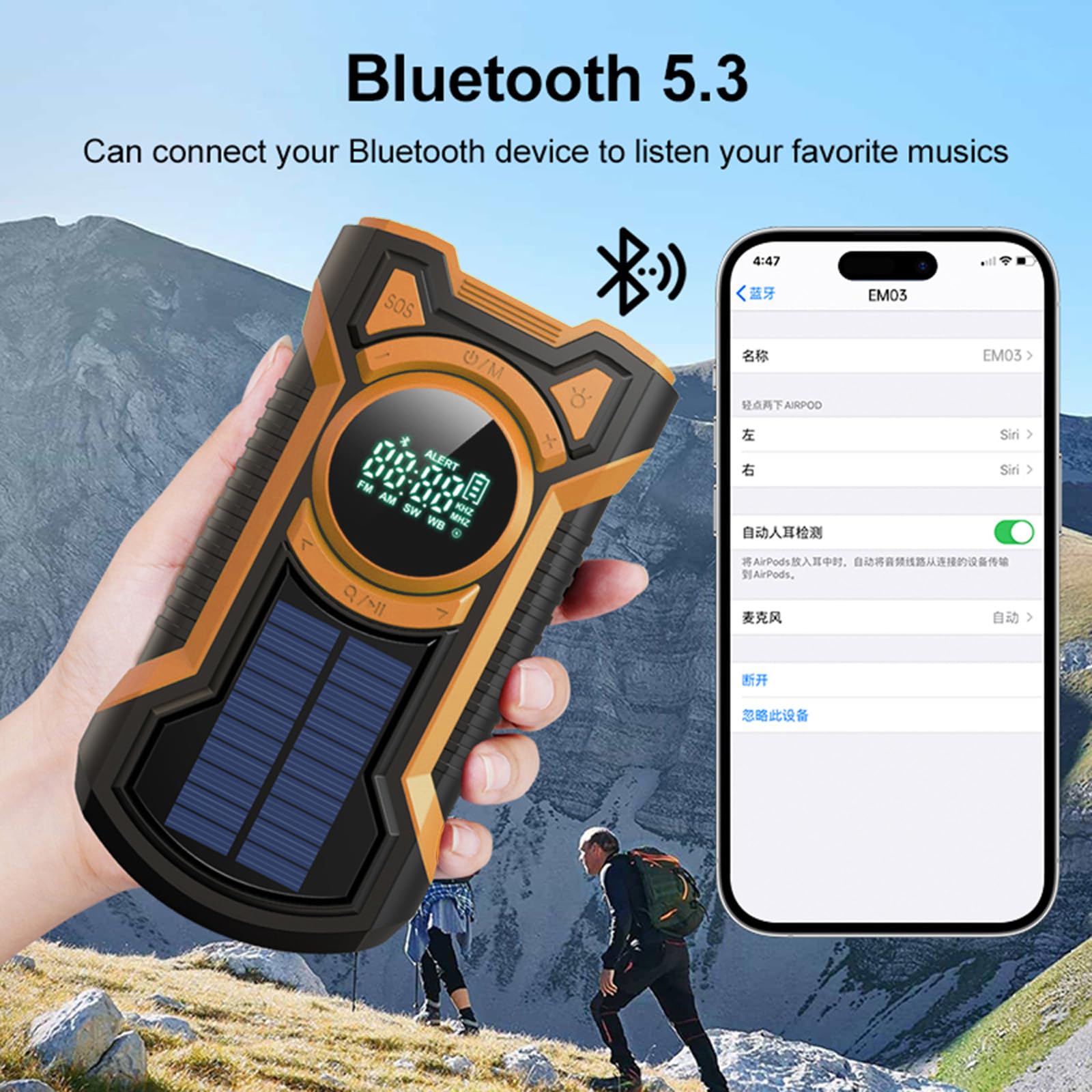 Rechargeable Portable Radio Dynamo avec Lampe de Poche LED, Power Bank 5000mAh AM/FM Radio Manivelle Solaire, SOS Alarm/Lampe Poch/3W Haut-parleurs, Outdoor, Emergency