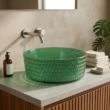 InArt Round Green Tinted Glass Vessel Sink Bowl, Glossy Countertop/Tabletop Bathroom Vanity Sink, Easy-Clean Non-Porous Surface, 15.6 x 15.6 x 4.7 in