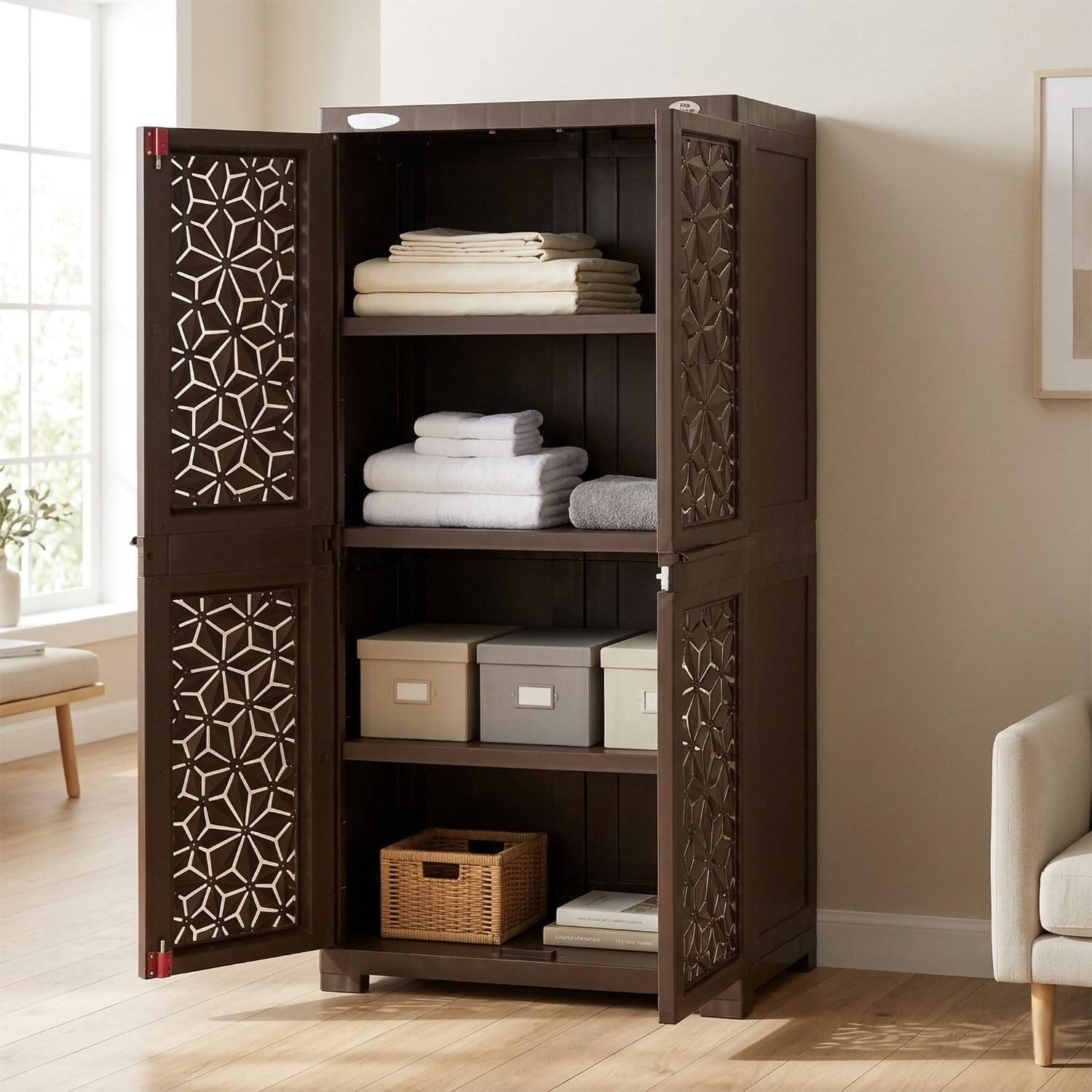 Nilkamal Freedom FMM Star Plastic Wardrobe | 4-Shelf Storage Cupboard with Doors | 3-Year Warranty|Clothes Organizer|Almirah|for Home, Living Room, Bed Room|Adult & Kids| Weather Brown/Biscuit-picture-24