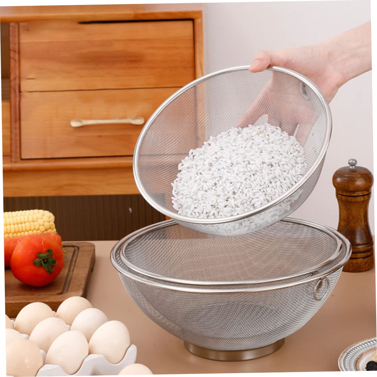 OUNONA 2piezas Colador De Cocina De Acero Inoxidable Diseño De Malla Fina Escurridor Para Verduras y Arroz Resistente y Duradero Fácil De Limpiar y Usar Casa o Camping