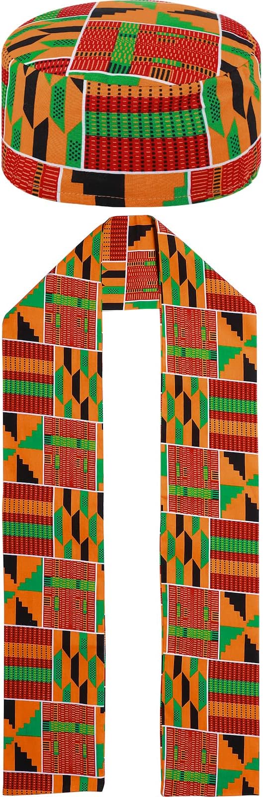 2 Pcs African Kente Pattern Kufi Men Hat and Kente African Stole Sash for Black History