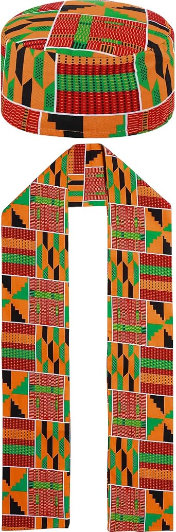 Jiuguva 2 Pcs African Kente Kufi Men Hat and Stole Sash