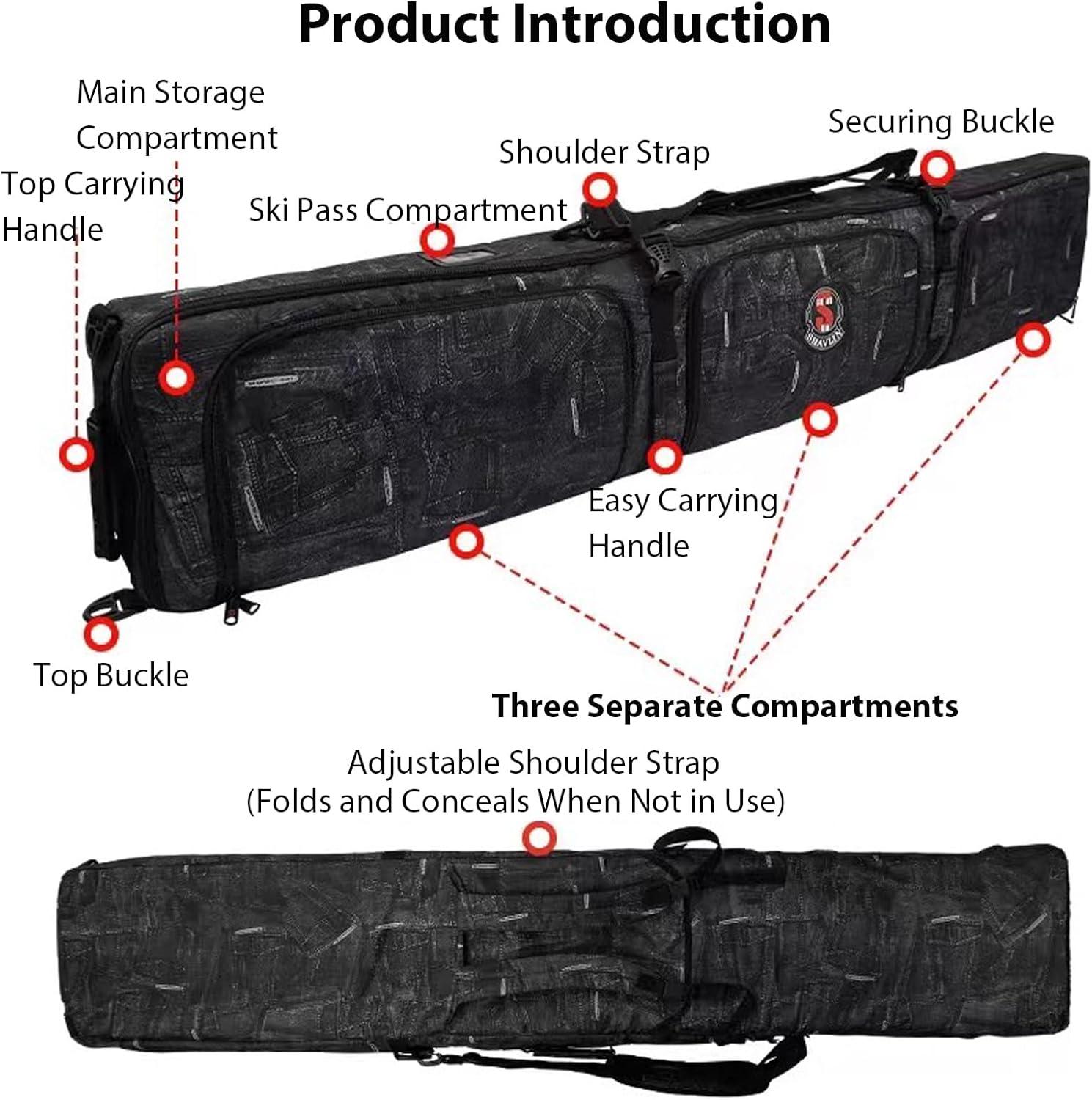 Snowboard Bag with Wheels, 900D Polyester Oxford Waterproof Rolling Ski Bag with Skis Strapes & Ample Storage Pockets for Air Travel, Fit Single Ski/2 Sets Skis