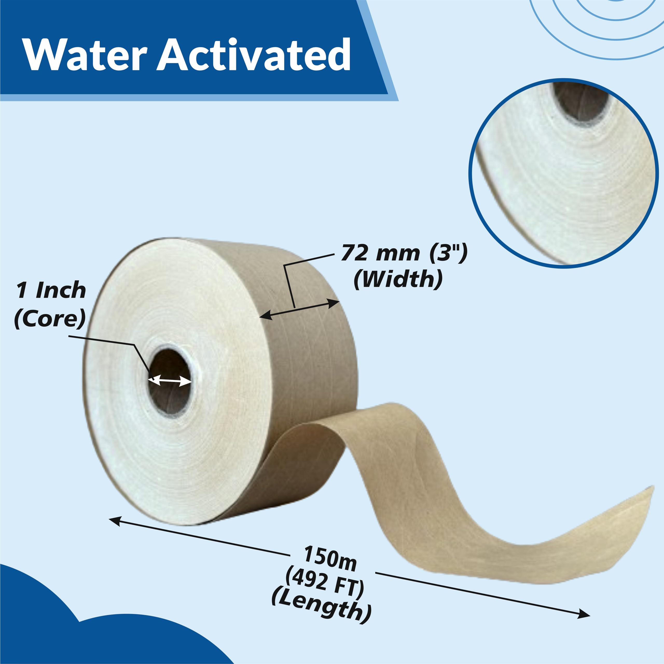 Klick Industrial 3'' x 492 Feet (150M) Reinforced Water Activated Gummed Kraft Paper Tape, Standard-Duty 30 lbs Break Strength, Secure Packing Shipping, Tamper Evident Gummed Tape, Brown - 10 Rolls