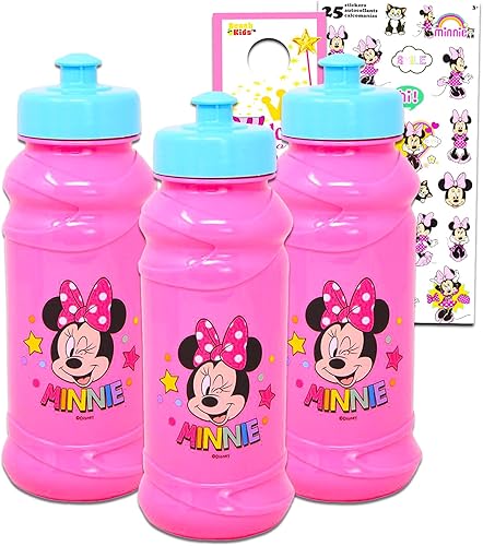 Minnie Mouse Botellas de agua de plástico para niñas, paquete de viaje Minnie Mouse con 3 botellas de agua reutilizables Minnie Mouse para el hogar,