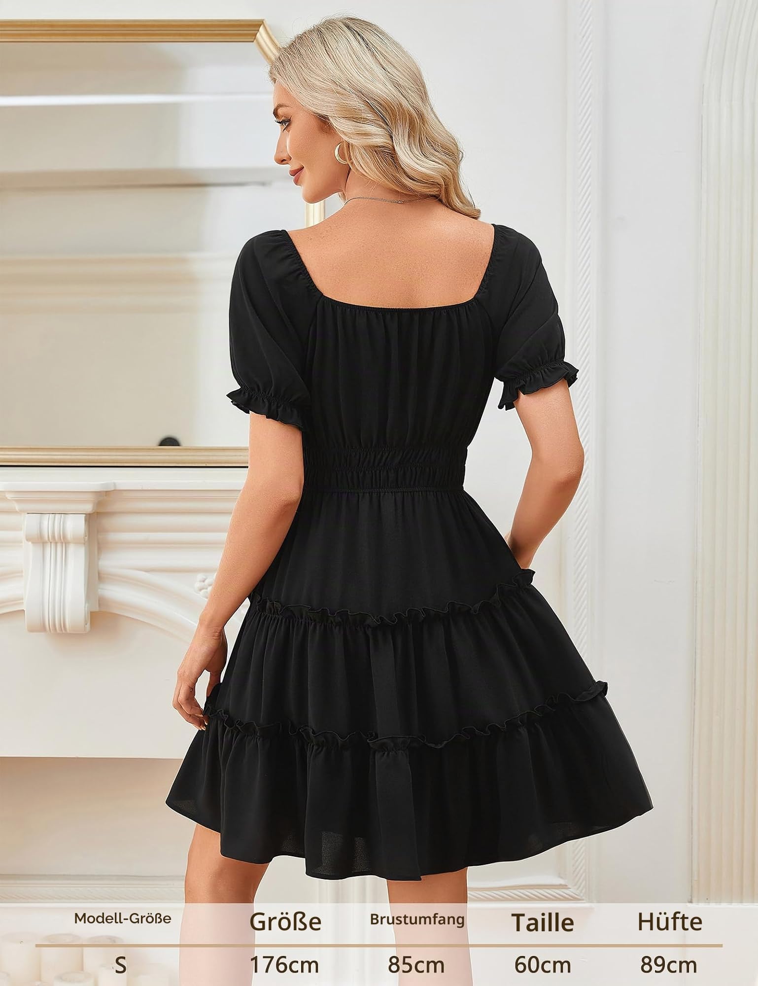 Beluring Kleider Damen Lässig Kurzarm Sommerkleid A Linie Swing Rüschensaum Minikleid (Schwarz, M)