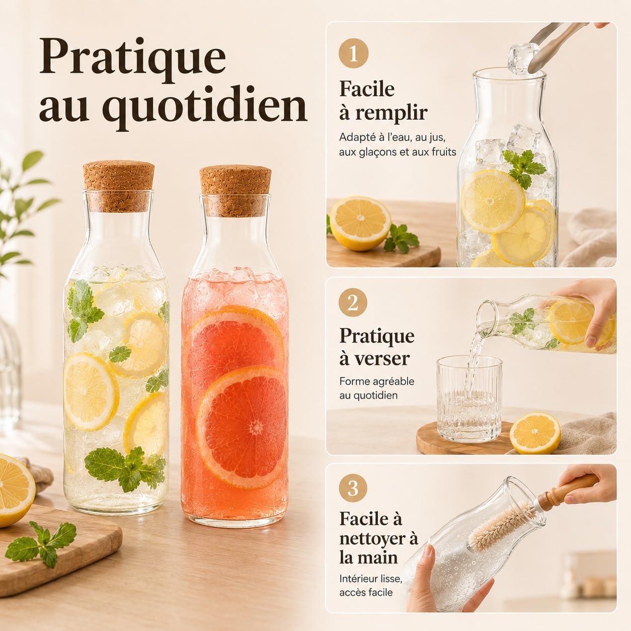YAYODS Lot de 4 Carafe en Verre avec Bouchon en Liège 1,2L, Pichet en Verre Borosilicate pour Mimosa Bar, Jus, Bouteille d'Eau Élégante pour Réception, Fête, Mariage et Réfrigérateur