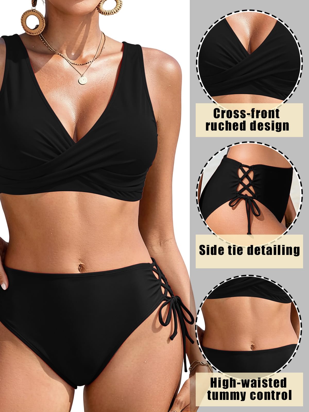 Traje de Baño Bañador de Dos Piezas Cintura Alta Conjunto Bikini 2 Pieza V-Cuello Push up Cordones Bikini Top Control Abdominal Parte Inferior del Bikini