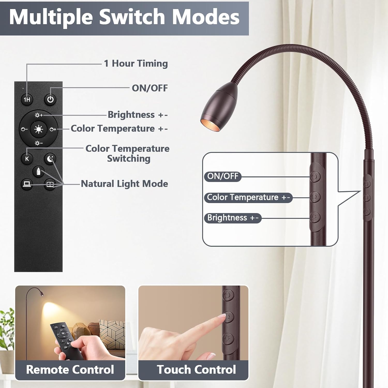 Reading Floor Lamp, 72" Tall LED Lamp with Flexible Gooseneck, Dimmable Zoomable Spotlight, Adjustable Color Beam Standing Lamp, Touch & Remote Control, Task Craft Living Room (Oil-Rubbed Bronze)