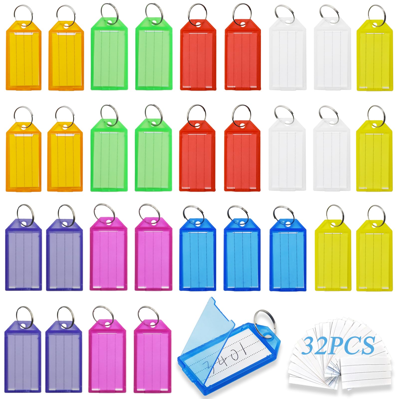 SHENSAIGO Pack of 32 Key Tags with Labels, 8 Colours Plastic Key Chain Tags with 32 Labels, Key Rings with Tags