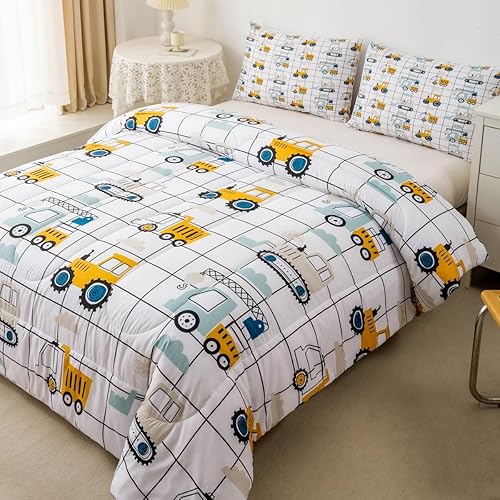 Feelyou Juego de edredón de camión de construcción, tamaño individual, para niños, maquinaria, camión, excavadoras, vehículos, edredón para niños y