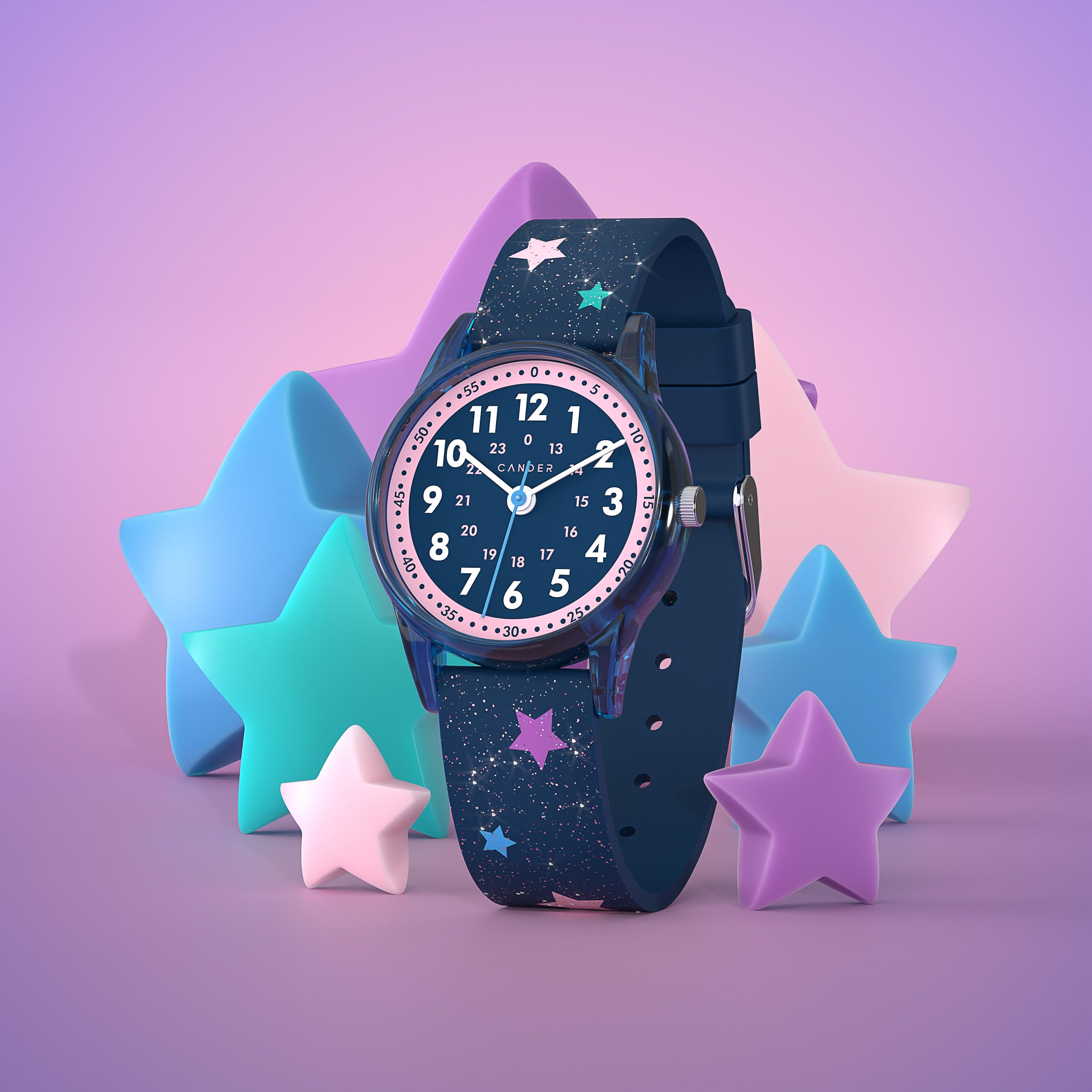 Cander Berlin MNA 4030 Q - Reloj de pulsera infantil para niña, resistente al agua, 3 ATM, reloj de aprendizaje analógico, brillante, con estrellas, repuesto para niños