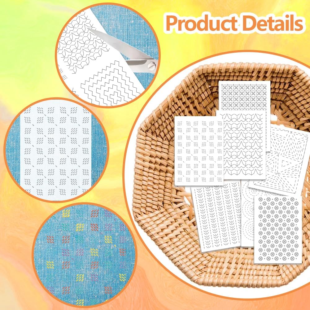 ORIGACH 4 Sheets Water Soluble Embroidery Patterns Stabilizers - Pre-Printed Sashiko Geometric Pattern Designs - Stick and Stitch Embroidery Paper Hand Sewing Stabilizers for Embroidery Beginners