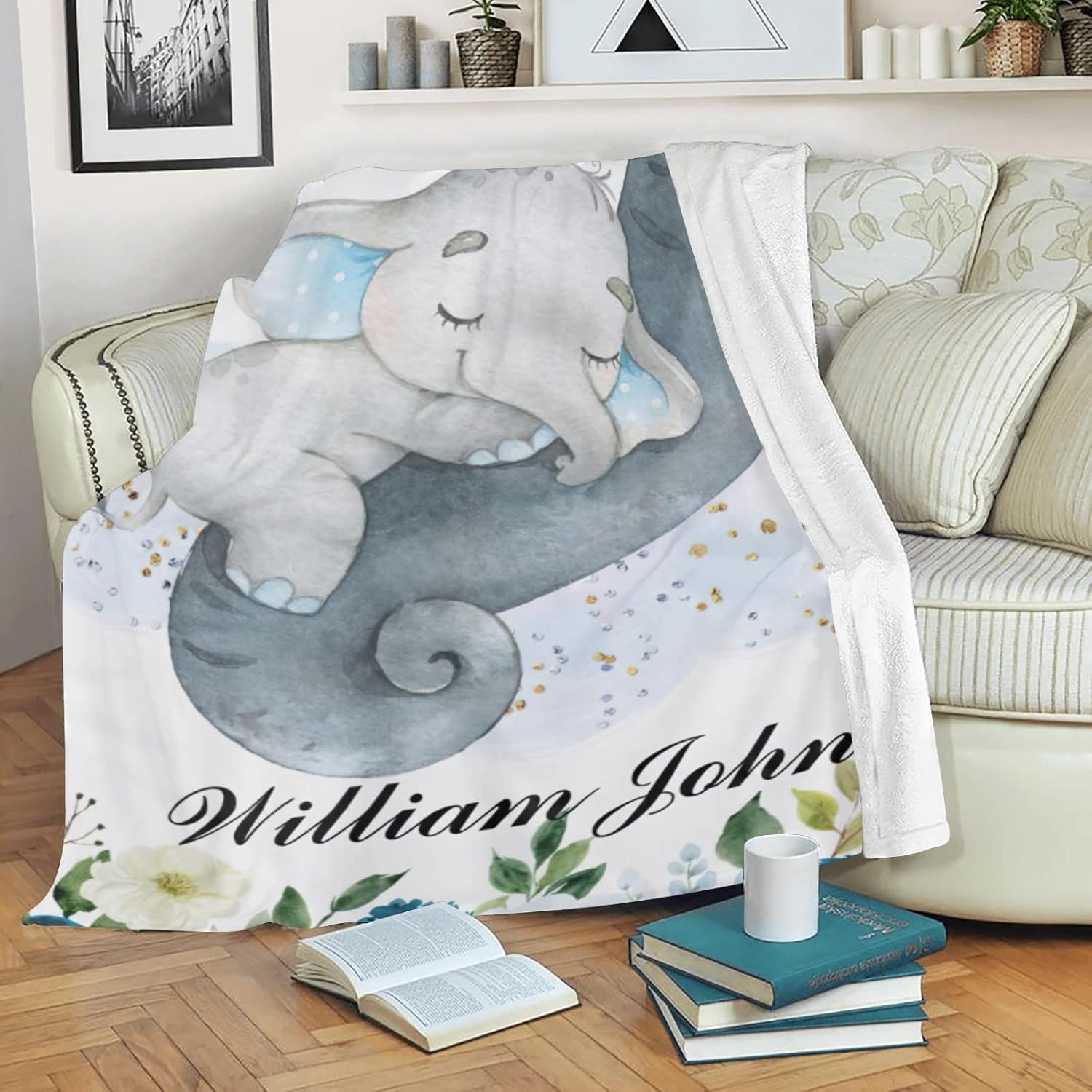 Personalized Baby Blankets for Girl Names - Soft Baby Custom Blanket with Name Blue Sleeping Elephant (50x60in)