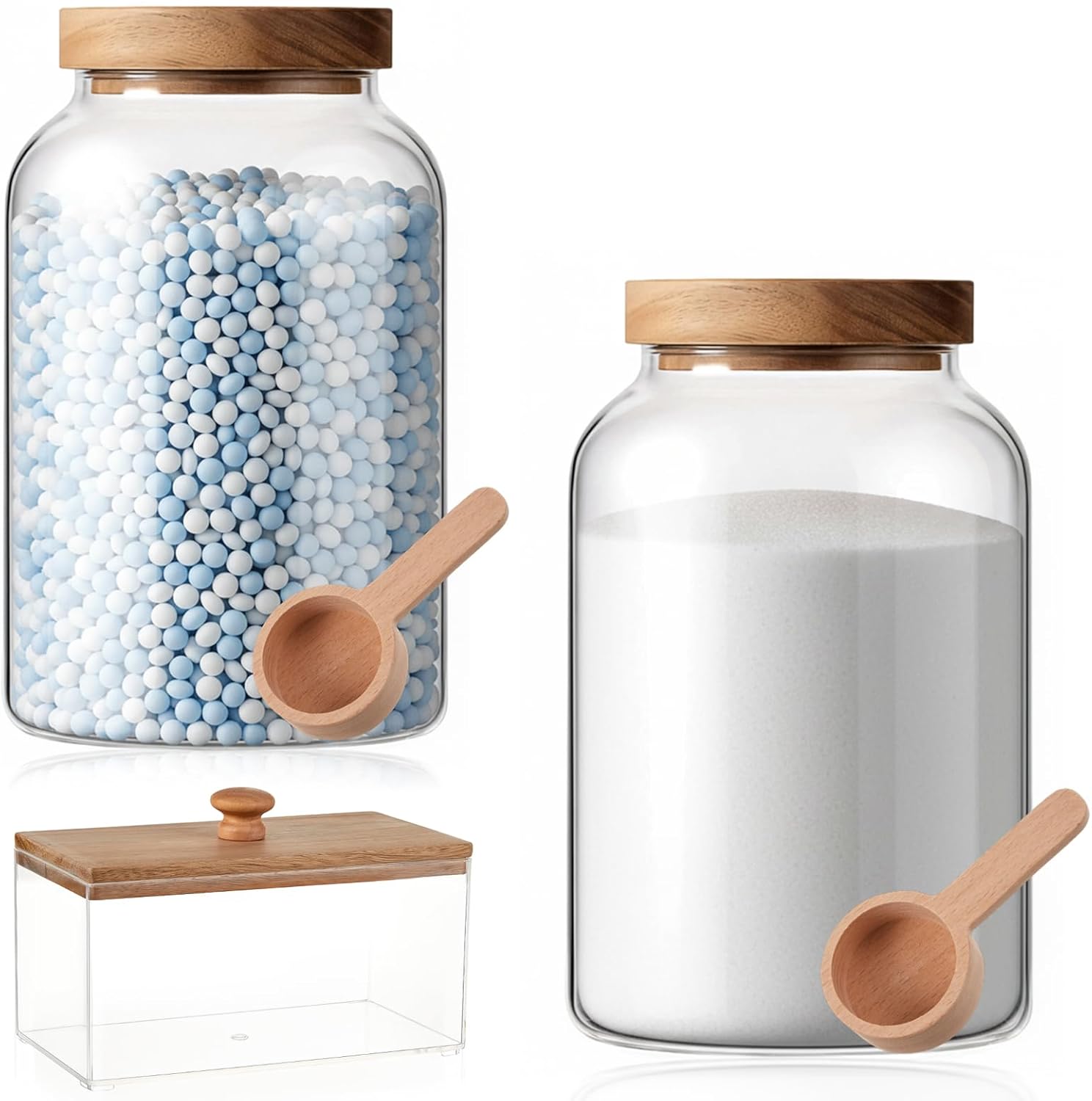 2 Pcs Half Gallon Glass Laundry Storage Containers Jars Set 1 Pcs Acrylic Dryer Sheet Holder Laundry Pods Container with Acacia Lid 2 Spoon for Detergent Powder Scent Beads Bath Bombs Salt
